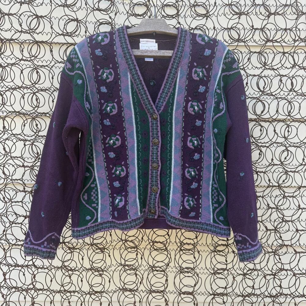 90s Christopher & Banks Purple Fair Isle Knit Sweater Rosette Floral MEDIUM